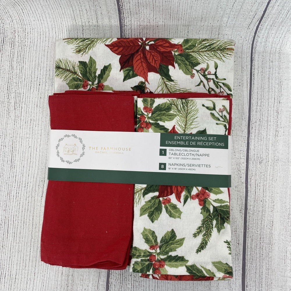 Rachel Ashwell Farmhouse Tablecloth 8-Napkin Set 60x102 Christmas Poinsettia